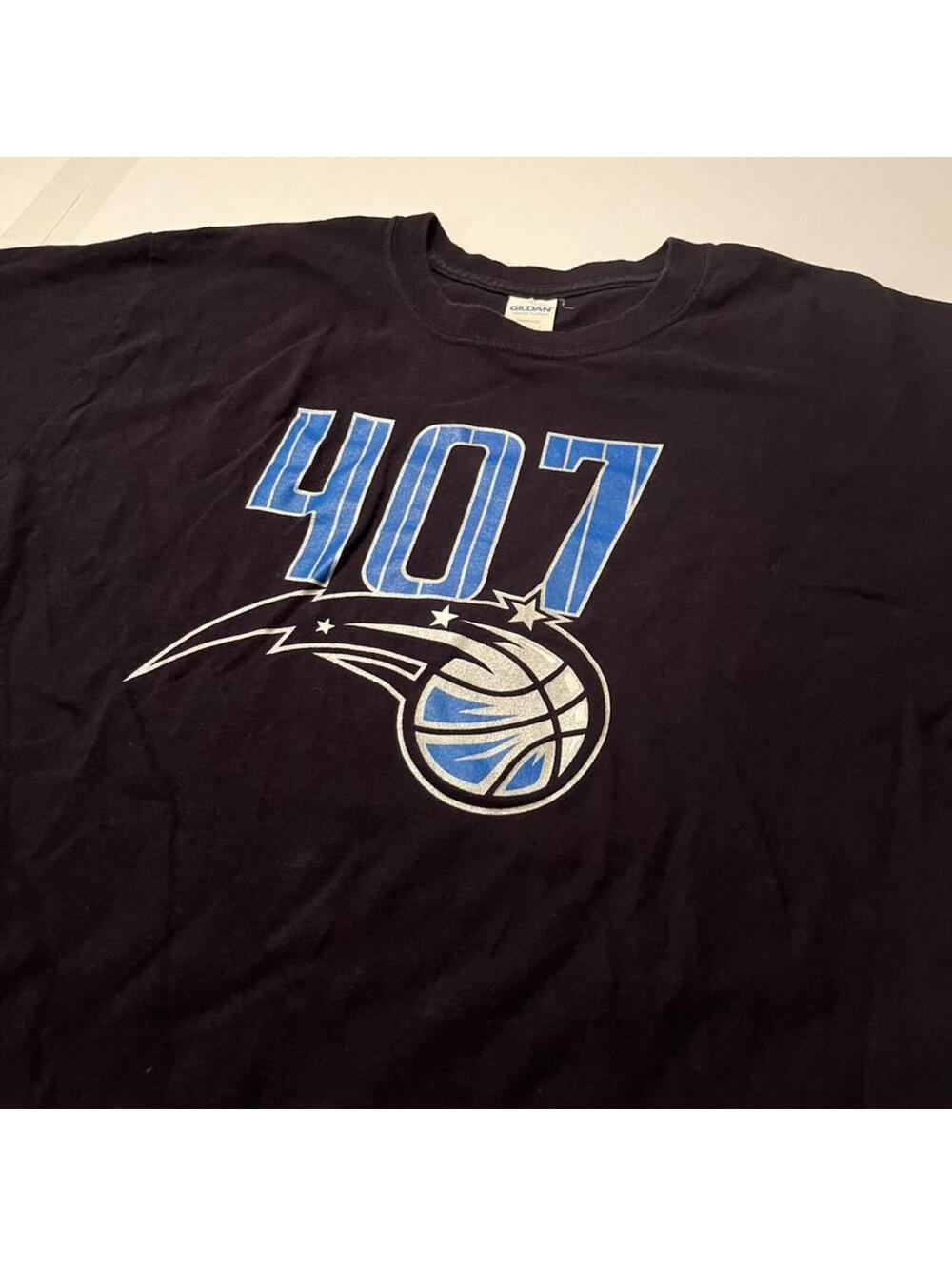 407 Orland Magic NBA Logo Black and Blue Tee Shirt Size L